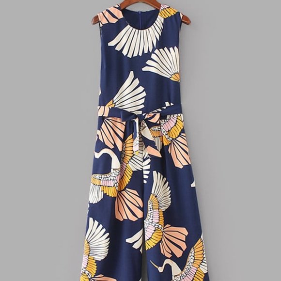 New Cranes Print Belted Wide Leg Jumpsuit Blue - Picture 4 of 10